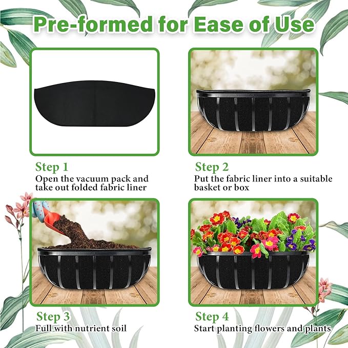 Riare 6 Pack 30 Inch Black Felt Window Box Liners- Fabric Trough Planter Basket Liners Replacement, Non-Woven Hanging Plant Liner for Wall Hanging Basket, Garden Fence Railing (Avoid Bird Nesting)