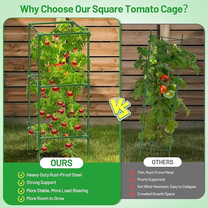Legigo 4 Pack Square Tomato Cages for Garden- Up to 45 Inch Tomato Trellis Plant Cages Support, Tomato Stakes and Supports Cage for Climbing Vegetables Raised Garden Bed Cucumbers Peppers Flowers