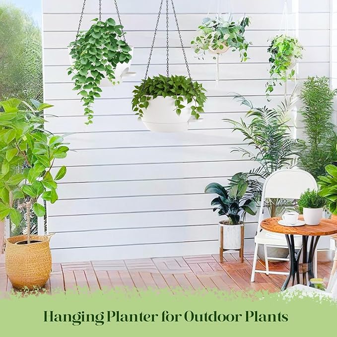 2 Pack 10 Inch Self Watering Hanging Planters for Indoor Plants, Large White Plastic Hanging Pots with Chains for Outdoor Patio Garden Home Decor (White)
