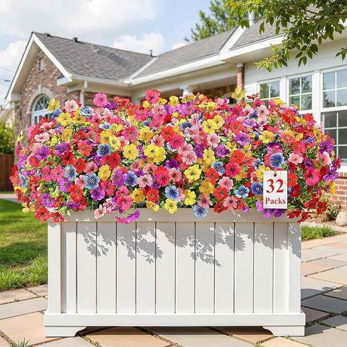 Alupssuc 32 Bundles Artificial Flowers for Outdoors Decoration, UV Resistant Silk Faux Floral Spring Fake Plastic Plants Greenery for Outside Indoor Home Garden Porch Window Box Decor, Mix 6 Colors