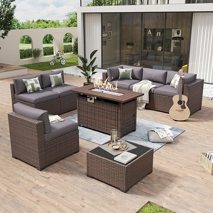 Aoxun 8 Piece Patio Furniture Set with 44” Fire Pit Table Wicker Rattan Outdoor Sectional Sofa Set with Coffee Table and Thickened Cushions, Gray (Waterproof Cover Included)