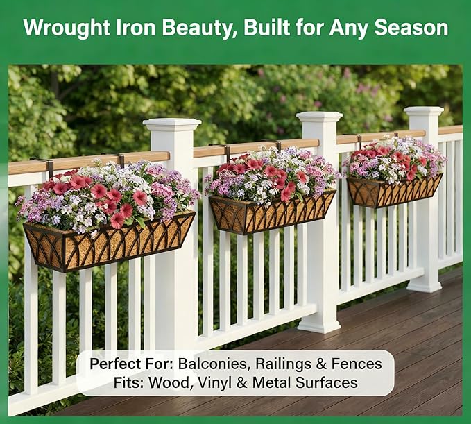 Y&M 30 Inch Window Deck with Coco Liner, Fence Metal Hanging Flower Planter Basket Deck Railing Planter Boxes for Outdoor Garden Lawn, 30" Window Boxes Horse Trough with Coconut Coir Liner,4pcs