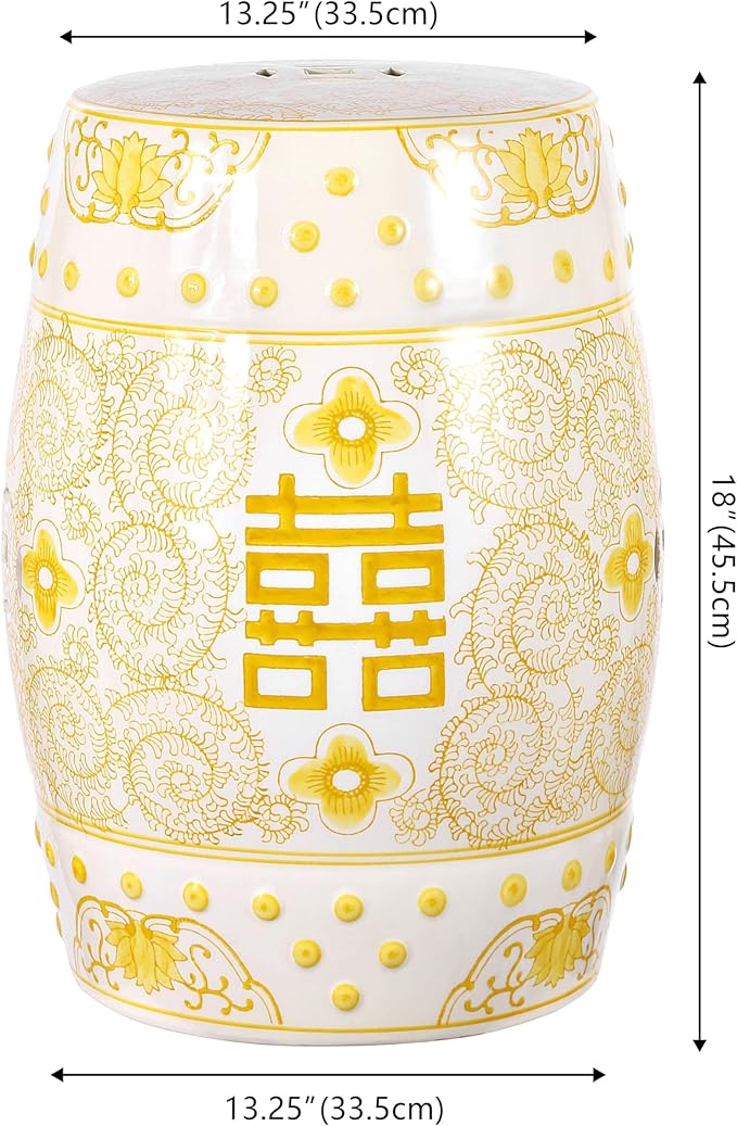 JONATHAN Y TBL1013B Double Happiness 18" Chinoiserie Ceramic Drum Indoor/Outdoor Garden Stool Bohemian, Coastal, Classic, Cottage,Traditional, Patio, Garden, Bathroom, Living Room, Yellow/White