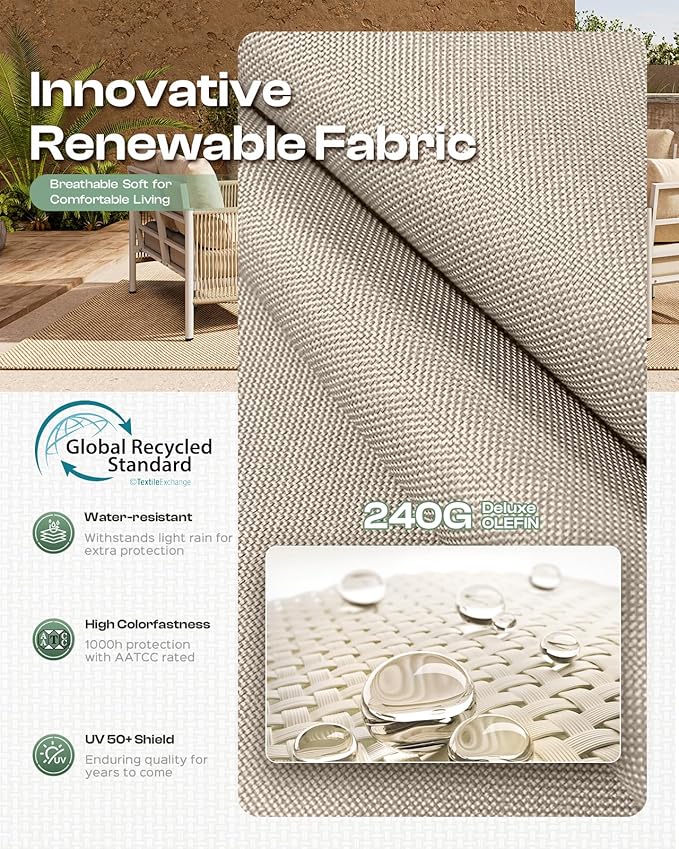 Aluminum Outdoor Sofa Armchair, HDPE Rope Patio Couch with Washable Thick Cushion, All-Weather Outdoor Patio Chairs Set of 2 for Balcony, Yard, Silver Frame, Beige