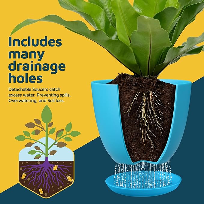 Blue Plant Pots with Drainage Holes & Saucers 5 Pack, Indoor & Outdoor Stackable Space-Saving Planters for Houseplants & Flowers, (7", 6.7", 6", 5.3", and 4.8" Inches), Durable & Weatherproof