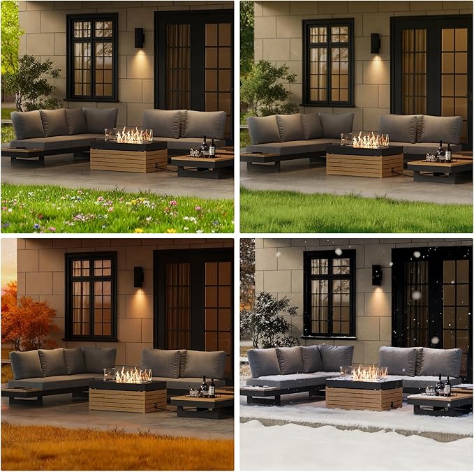 homary Patio Conversation Sets with Fire Pit-Modular Outdoor Sofa Aluminum & Teak Outdoor Sofa Se with Glass Wind Guard Ideal for Patios & Balconies, 6 Pepole