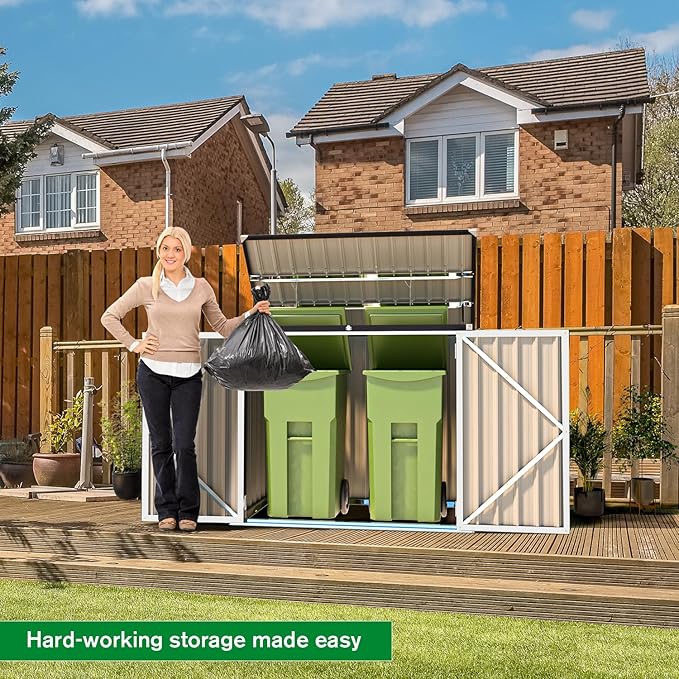 AECOJOY Outdoor Trash Can Storage, 46 Cu.Ft White Trash Can Storage Cabinet Shed Outdoor Horizontal Storage Cabinet Waterproof, Garbage Can Storage Bicycle Sheds & Outdoor Storage Clearance