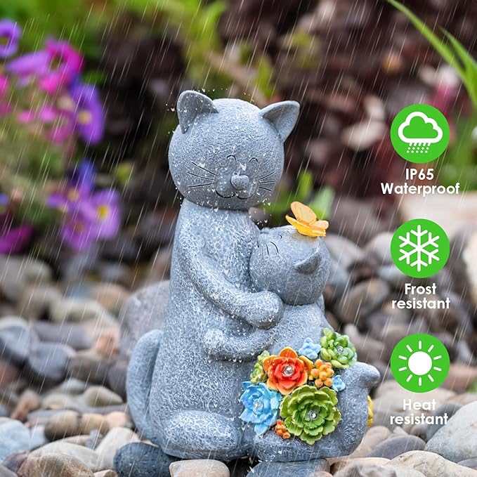 Solar Garden Statues Loving Cat Figurine Lights for Outside, Yard Decorations Outdoor, Garden Decor Unique Mothers Day Birthday Housewarming Gifts for Mom, Women, Lover