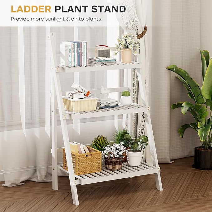 Bamboo Bookshelf 3-Tier Ladder Shelf, 39.4” Freestanding Open Bookcase Book Shelf Bathroom Storage Shelf Unit Plant Stand for Small Space, Living Room, Bedroom, Home Office, White