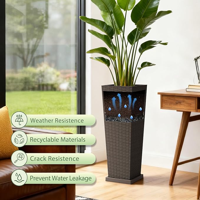 Set of 2 32 Inch Tall Plastic Planters with Drainage Saucers, Rattan Pattern UV Resistant Indoor Outdoor Flower Pots for Patio Garden Balcony Decor, Brown