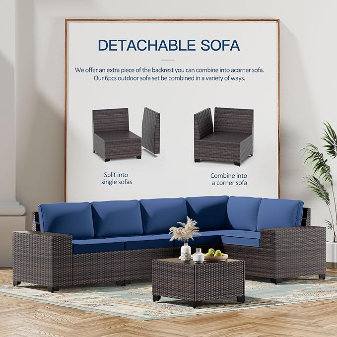Kullavik 13PCS Outdoor Patio Furniture Set with 43" 55000BTU Gas Propane Fire Pit Table PE Wicker Rattan Sectional Sofa Patio Conversation Sets,Navy Blue