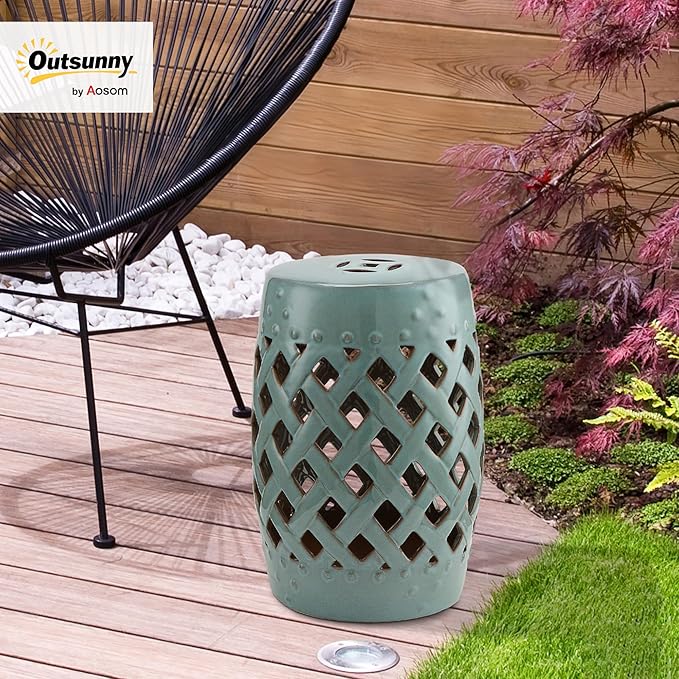 Outsunny 13" x 18" Ceramic Garden Stool with Woven Lattice Design & Glazed Strong Materials Decorative Outdoor Stool, Antique Blue