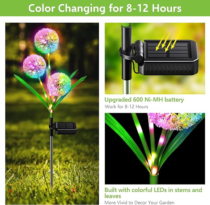 Solar Lights Outdoor Garden Decor: 2 Pack Upgraded Solar Dandelion Garden Light Decorative Landscape Lighting - Waterproof Outside Color Gift for Mothers Day Decoration for Yard Lawn Patio