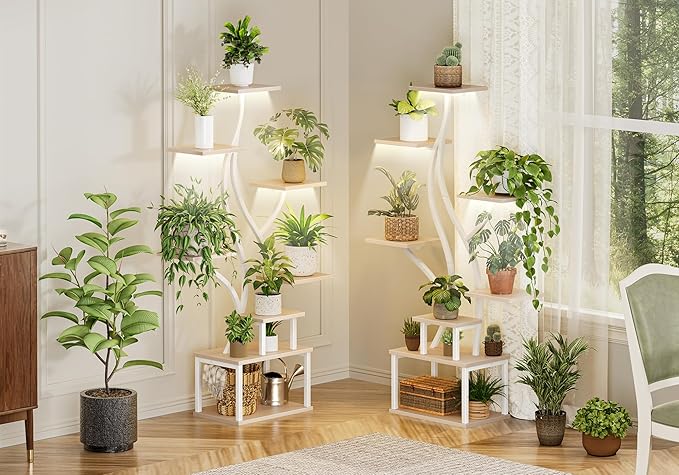 PRAISUN 51.3 Inch Plant Stand with Grow Light, 6 Tiered Indoor Plant Shelf with Larger Flower Holder, Pine-Shaped Stand, 3 Light Modes, Open Base, Corner Plant Rack for Living Room, Oak and White