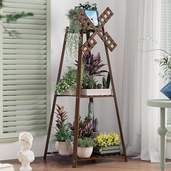 COPREE 3-Tier Tower Plant Stand Display Rack with Windmill Top,Bamboo Vintage Flower Pot Holder Shelf for Patio Balcony Decoration