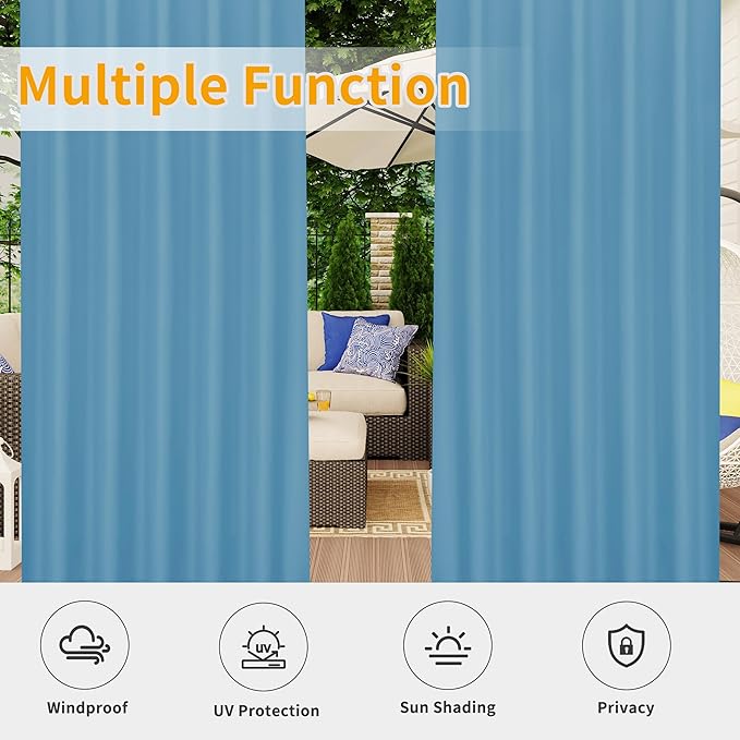 Easy-Going Outdoor Patio Curtains Detachable Tab Top Windproof Weatherproof Curtain for Cabana, Porch, Pergola and Gazebo, Tab Bottom Drape, 2 Panels, 54W x 108L inch, Sky Blue