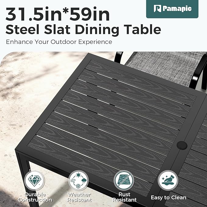 Pamapic Outdoor Dining Sets for 6, Rectangular Steel Slat Table with 6 Textilene Chairs, 7 Piece Patio Table and Chairs Set with Umbrella Hole for Patio, Garden, Backyard and Poolside (Grey)