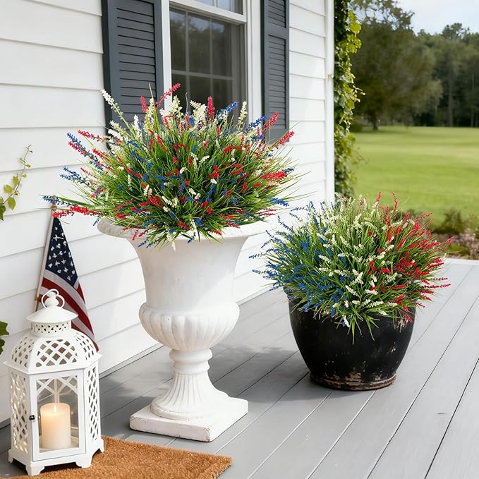 Artificial Faux Plants for Outdoor Spring Decoration, 12 Pcs Fake Monkey Grass for Garden Porch Balcony Planters, Fake Flowers Shrubs UV Resistant No Fade Plants Greenery Bush (Red Blue White)