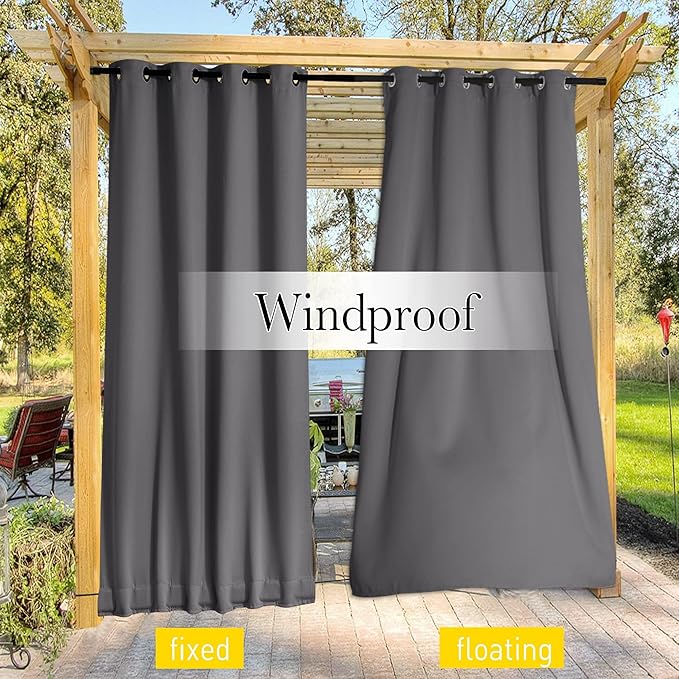 NICETOWN 2 Panels Outdoor Curtains Waterproof Grommet & Back Tab on Top & Bottom, Thermal Insulated Fixed Windproof Blackout Outdoor Drapes Privacy for Patio with Rope for Fixed, W52 x L95, Grey