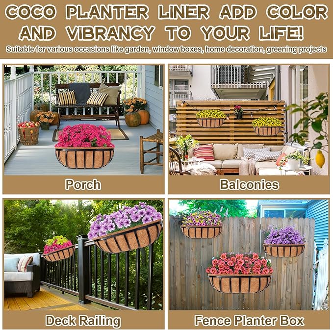 Riare 4 Pack 24 Inch Trough Coco Coir Liners for Planters, Pre-Formed Coconut Coir Replacement Liner Natural Coco Fiber Window Box Liners for Wall Planter, Window Basket Deck Railing Planter