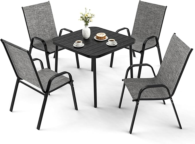 Pamapic Outdoor Dining Sets for 4, Square Steel Slat Table with 4 Textilene Chairs, 5 Piece Patio Table and Chairs Set with Adjustable Umbrella Hole for Patio,Garden, Backyard, and Poolside (Grey)