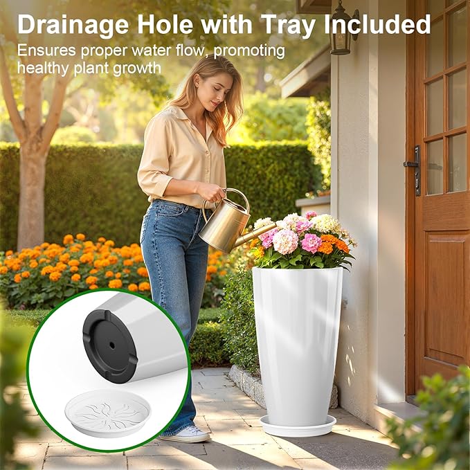 QCQHDU 21 inch Tall Planters for Outdoor & Indoor Plants, Set of 2 Large Outdoor Planters with Drainage Hole for Front Porch, Patio, Garden, White