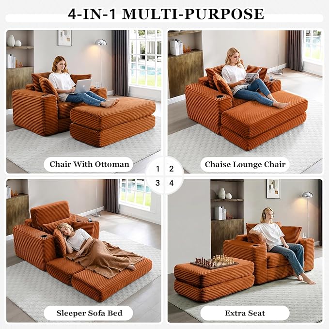 HANXIN 62" Chaise Lounge Chair Indoor, Oversized Corduroy Boneless Convertible Chaise Lounge Couch Sleeper Chair with Ottoman, Deep Seat Reading Chair, No Assembly Required (Orange)