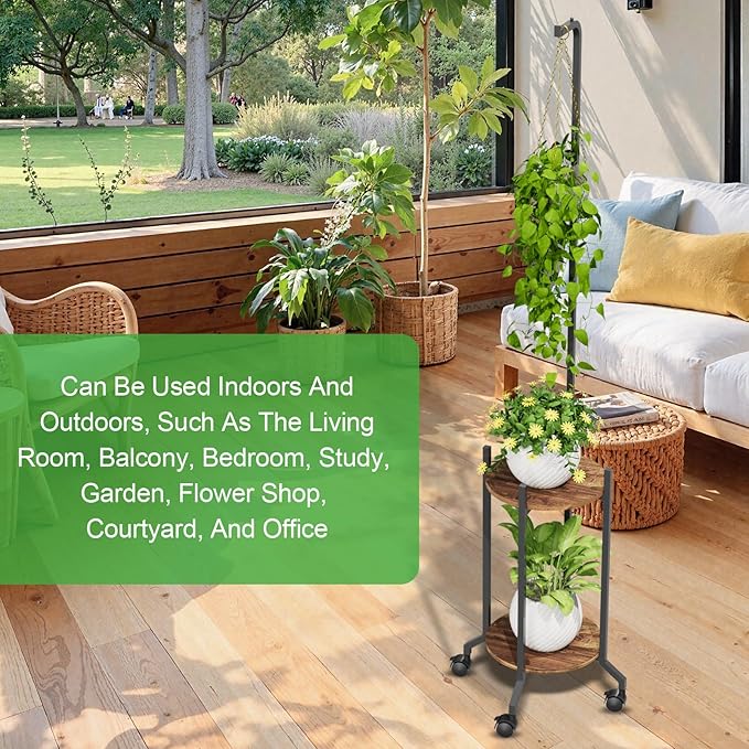Plant Stand Indoor, 2 Tier Hanging Tall Plant Shelf with Wheels, 3 Potted Corner Flower Stand Metal Plant Holder, Plant Shelves for Living Room, Bedroom, Patio, Outdoor, Black