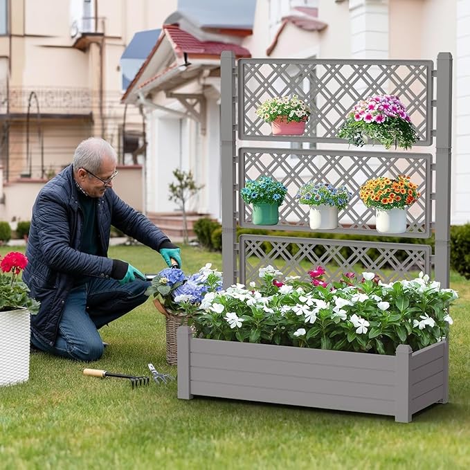 Raised Garden Bed with Trellis for Climbing Plants, 43.43" L x 18.27" W x 59.29" H Self Watering Planter Box with Drainage Holes for Outdoor Backyard Patio Balcony, Anti-Rust Resin (Grey)