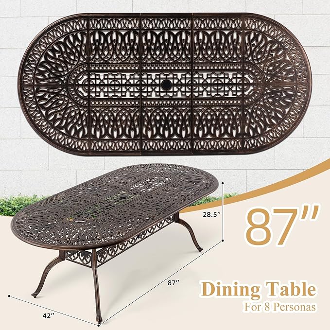 Outdoor Patio Dining Table - All-Weather Cast Aluminum 87" x 28.5“ Oval Patio Table with 2" Umbrella Hole for Balcony Lawn Garden Backyard