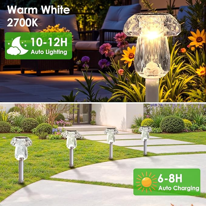 Mancra 8 Pack Solar Pathway Lights Outdoor, Mushroom Solar Garden Lights Waterproof Dusk to Dawn Solar Outdoor Lights for Yard, Walkway, Garden Decorations, Warm White