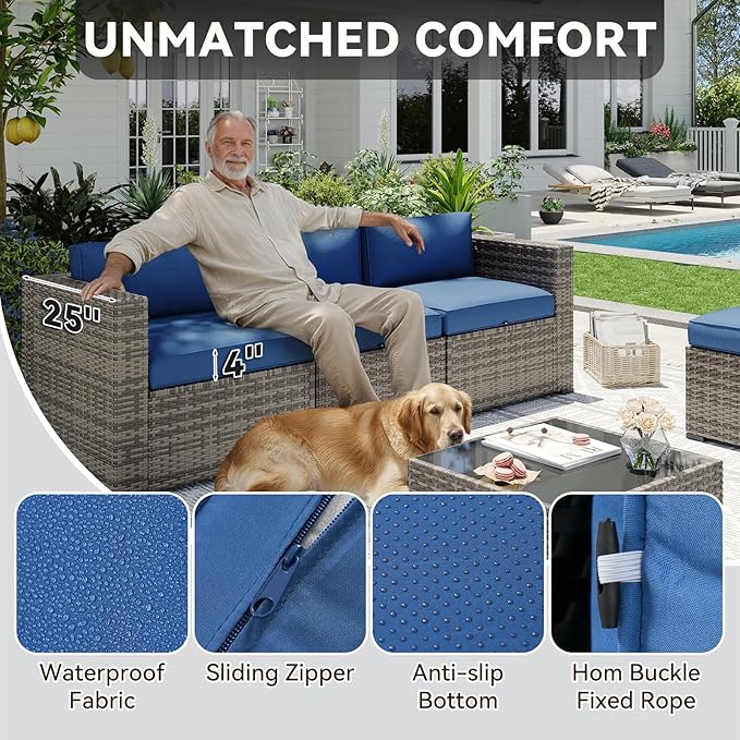 Aoxun Patio Furniture Sets, 15-Piece Outdoor Patio Furniture with 44'' Propane Gas Firepit Table, Wicker Outdoor Conversation Set Sectional Sofa for Backyard, Poolside, Garden