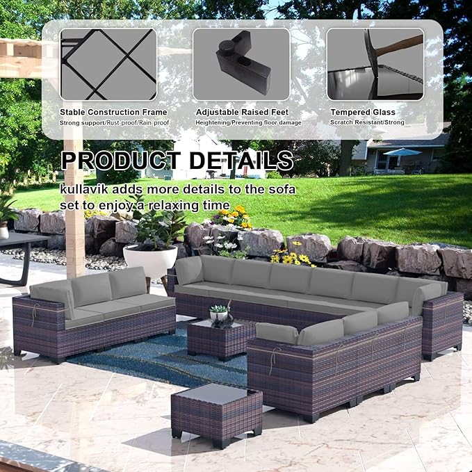 Kullavik 14 Pieces Outdoor Patio Furniture Set PE Wicker Rattan Sectional Sofa Patio Conversation Sets,Grey