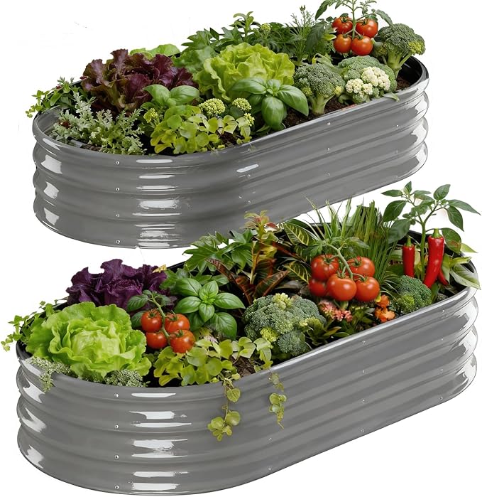 Raised Garden Bed Outdoor 2 Sets Oval Large Coating Metal Planter Box with No Heavy Metal for Vegetables, Flowers, Herbs