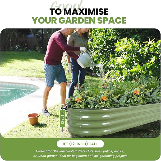 G GOOD GAIN Raised Garden Beds - 8x2x1ft Galvanized Planter Boxes Kit with Protective Tape & Gloves & Tools | Oval Metal Outdoor Raised Bed for Gardening Vegetables, Fruits, Flowers, Herbs, Oliver