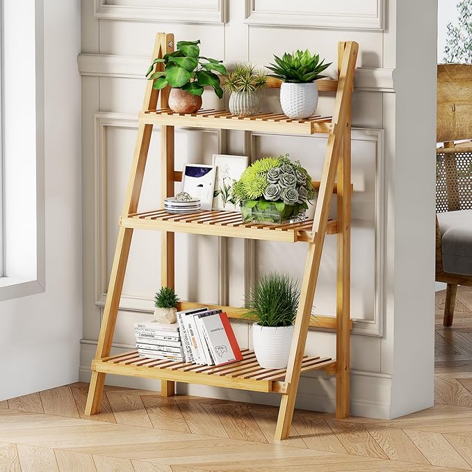 39.4" Foldable Plant Shelf Ladder Shelf, 3 Tier Bamboo Ladder Flower Pot Display Shelf, Freestanding Ladder Bookshelf for Garden, Balcony, Yard, Living Room, 23.6"W x 15"D x 39.4"H, Natural