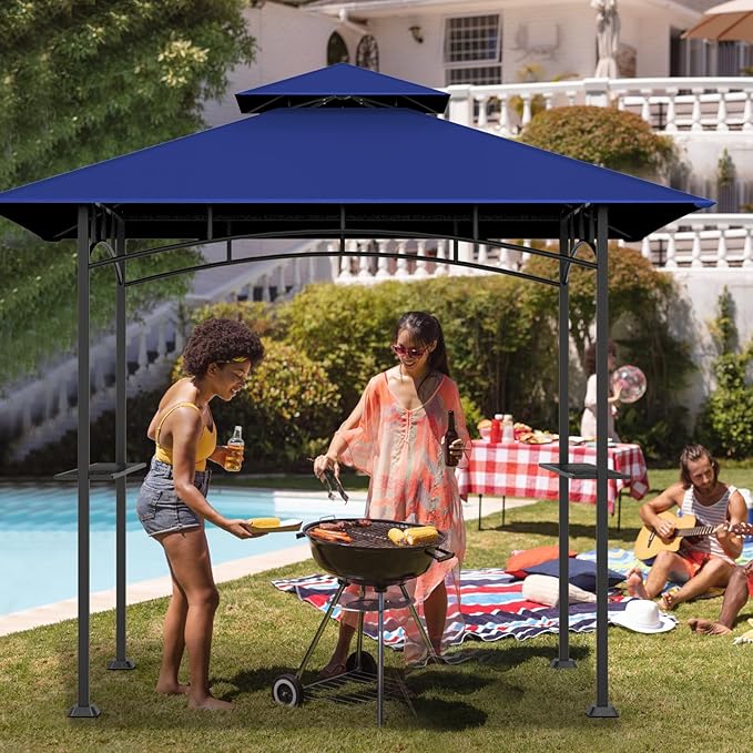 Grill Gazebo Replacement Top, 5 * 8 Outdoor BBQ Top Cover, Double Layer BBQ Gazebo Top Canopy for Model #L-GG001PST-F (Blue)