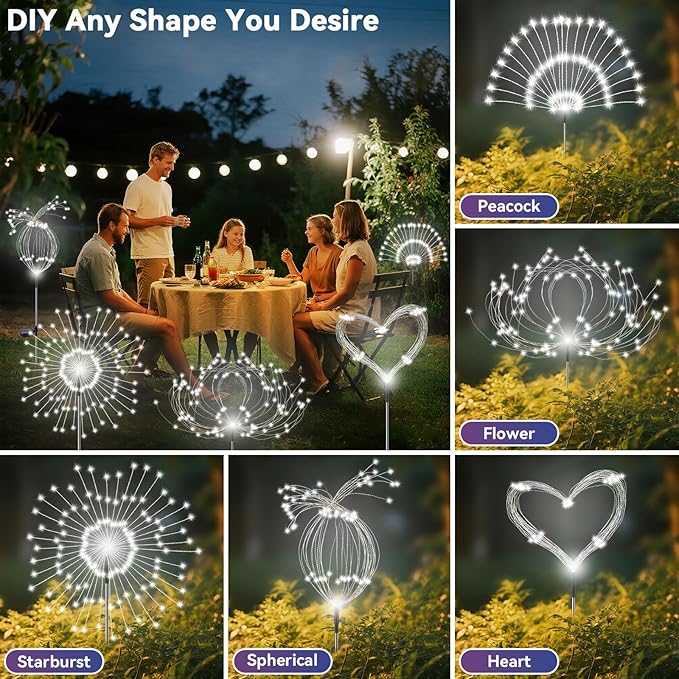 Garden Outdoor Lights, 4 Pack 120 LED Solar Garden Lights Fairy Lights Outdoor Waterproof Decorative Solar Firework Lights for Yard Patio Pathway Flowerbed Party Wedding Decor, White