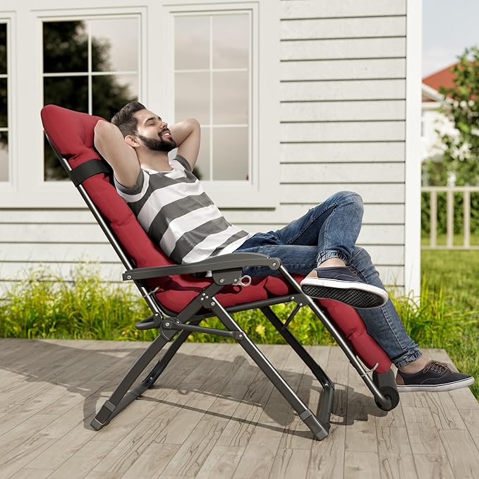 UDPATIO Oversized Zero Gravity Chair 29In XL Patio Reclining Chair with Cushion, Outdoor Folding Recliner with Pillows|Cup Holder|Foot Rest|Padded Headrest, Burgundy, Support 500LB