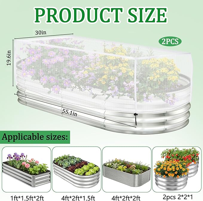 2 Pack Garden Netting for Raised Beds, 55.1" x 30" x 19.6" Garden Bed Insect Bird Netting Cover, Raised Garden Bed Plant Cover Mesh Pest Barrier Screen for Protecting Vegetables Fruits Flowers