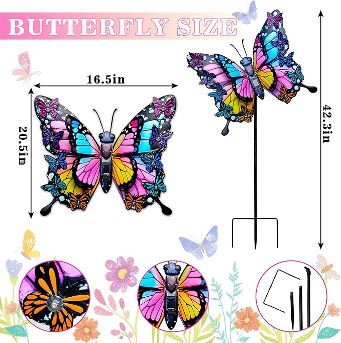 Hexagram Butterfly Garden Decor, Butterfly Solar Lights for Outside, Metal Decorative Large 42.3" Yard Stakes, Solar Outdoor Decorations for Lawn Porch Pathway, Birthday Gardening Gifts for Mom Women