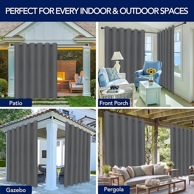 PureFit Outdoor Curtains for Patio Waterproof Weatherproof, UV Resistant Outside Curtains for Gazebo, Front Porch, Pergola, Sun Blocking Privacy Curtain, 100W x 108L inch, 1 Panel, Gray
