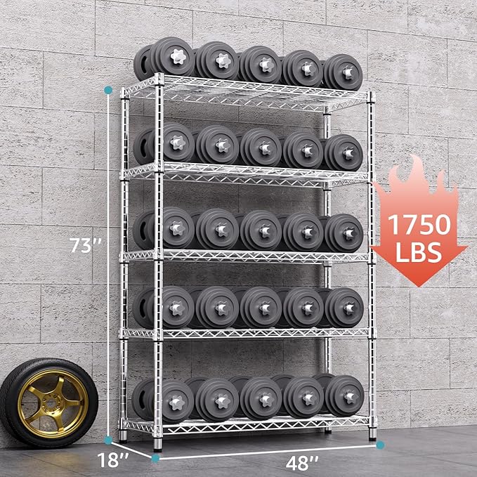 1750 LBS Storage Shelves 5-Tier Utility Shelving Unit Steel Organizer Wire Rack for Home,Kitchen,Office,Garage, Capacity 17.7" D x 47.2" W x 72.3" H | Organizer Wire Rack, for Home, Kitchen, Office, Garage, 1750 LBS Capacity