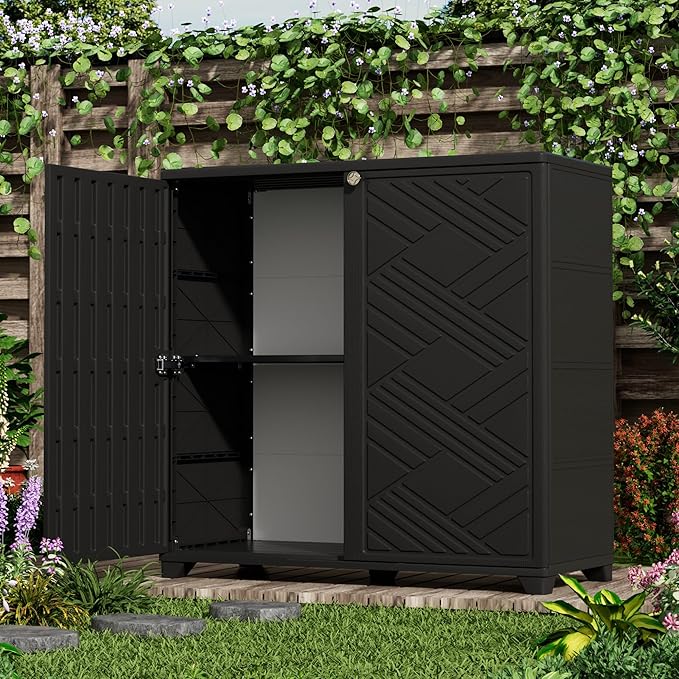 ADDOK Indoor Outdoor Plastic Storage Cabinet 34"x15"x34" with 1 Shelf, Outdoor Storage Shed for Living Room, Hallway, Balcony, Garage, Garden,Black