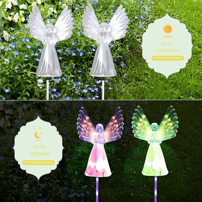 Angel Solar Lights for Cemetery, 2 Pack Solar Lights Outdoor Garden, Color Changing Decorative Angel Lights for Yard Patio Pathway Grave Decoration Memorial Gifts