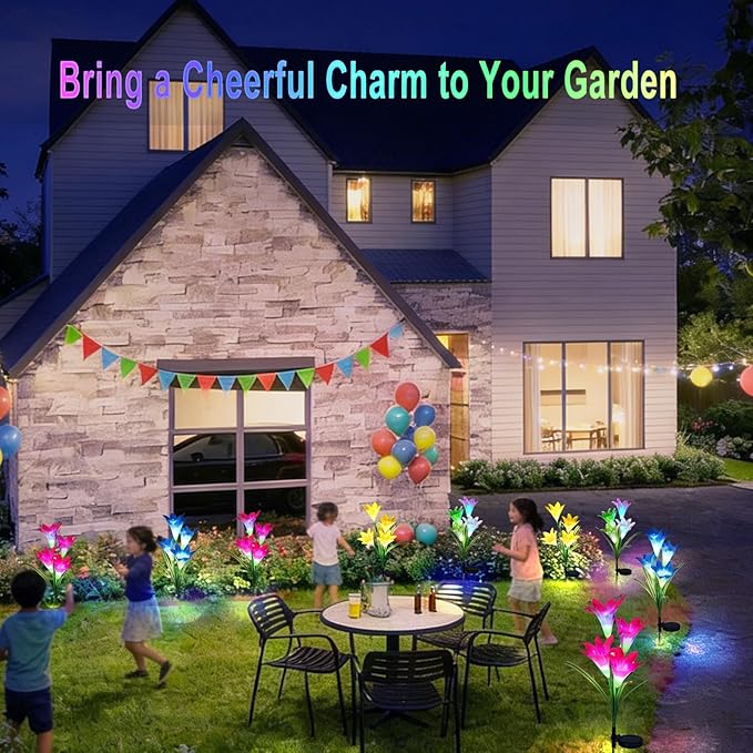 echosari 4 Pack Color Changing Solar Lights Outdoor Waterproof, Solar Lily Flower Stake Lights Auto ON/Off Solar Garden Lights for Lawn Pathway Landscape Garden Gifts for Mom Women Grandma