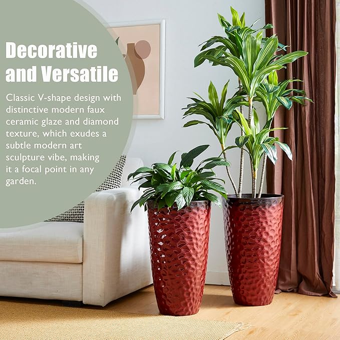 Glitzhome Large Planters for Outdoor Plant, 23.75" H Tall Outdoor Planter, Honeycomb Textured Gradient Red Plastic Planter, with Drainage Hole, Large Flower Pots for Porch Patio Deck Indoor, Set of 2