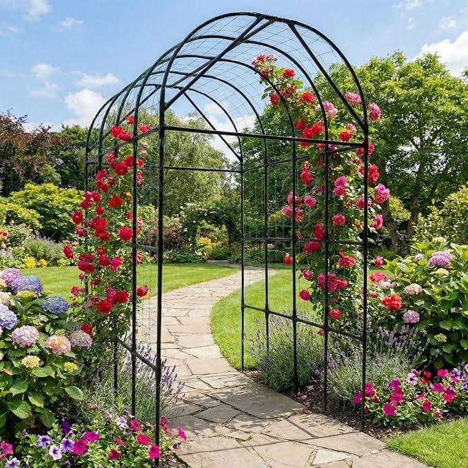 Garden Trellis Arch 7FT Tall – Plastic Coated Metal Arch Trellis for Climbing Plants Outdoor, Weather-Resistant Steel Garden Arch for Vegetables Cucumber Tomato, Raised Bed Trellis