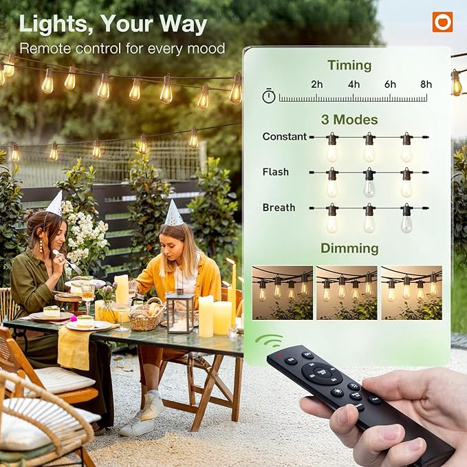 addlon 150FT LED Outdoor String Lights with Remote Dimmable Patio Lights with Timer & 3 Lighting Modes, 48 Shatterproof Edison Bulbs, Waterproof Shatterproof Hanging for Outside Backyard Porch Party