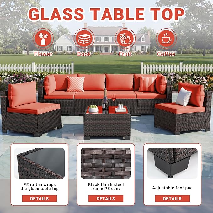 LEVELEVE 7 Pieces Outdoor Patio Furniture Sets,Rattan Conversation Sectional Set,Manual Weaving Wicker Patio Sofa with Tea Table